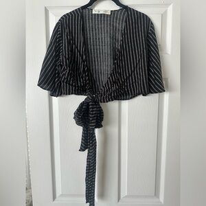 Striped Black and Cresm Tie-Front Top